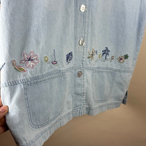 VTG 90s Cottage Floral Embroidered Cropped Boxy Large Cotton Button Down - Picture 2 of 6
